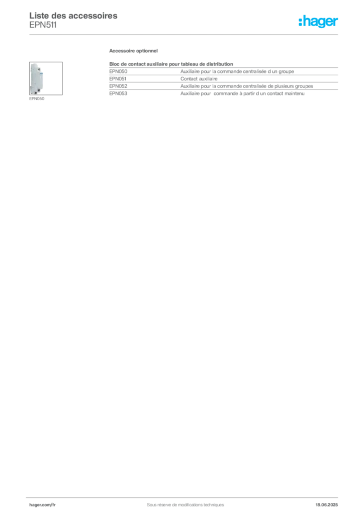Image Hager Fiche technique du produit EPN511 | Hager France