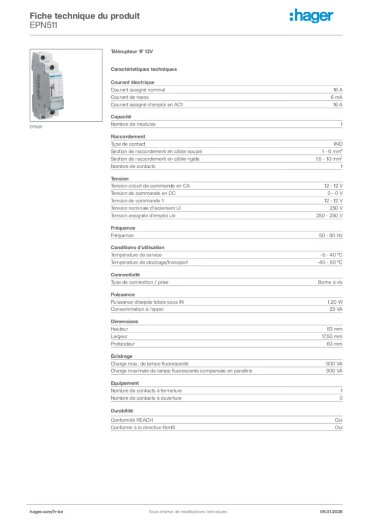 Image Hager Fiche technique du produit EPN511 | Hager Belgique