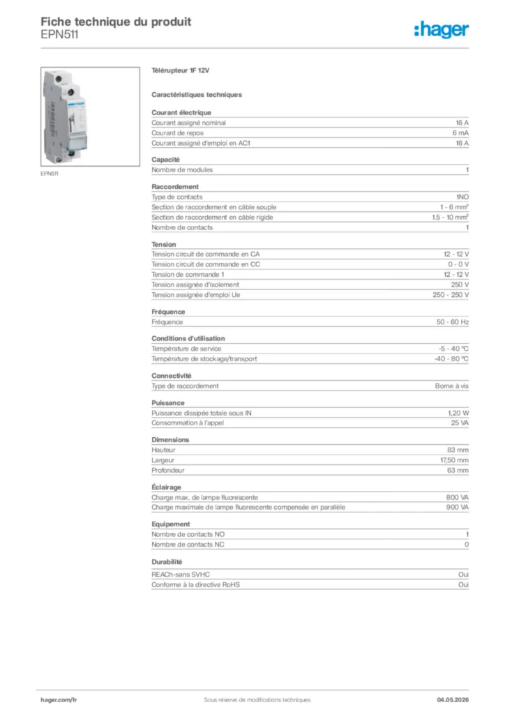 Image Hager Fiche technique du produit EPN511 | Hager France