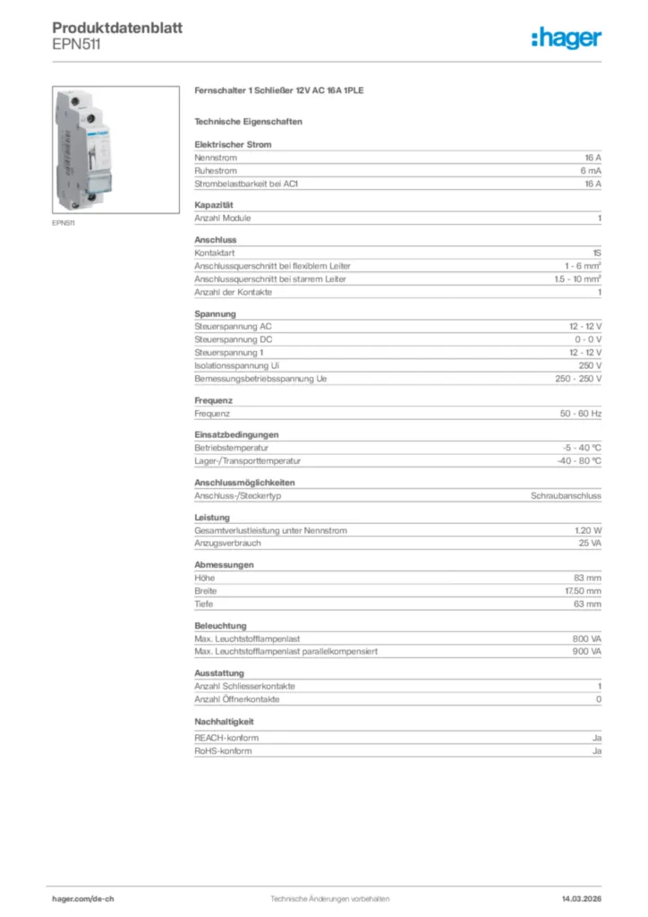 Bild Hager Produktdatenblatt EPN511 | Hager Schweiz