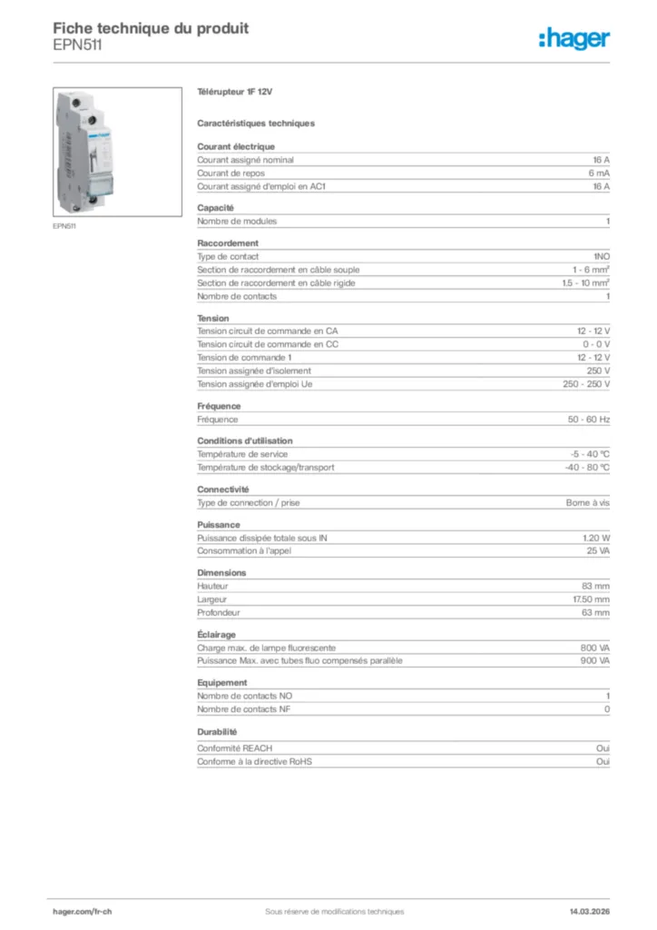 Image Hager Fiche technique du produit EPN511 | Hager Suisse