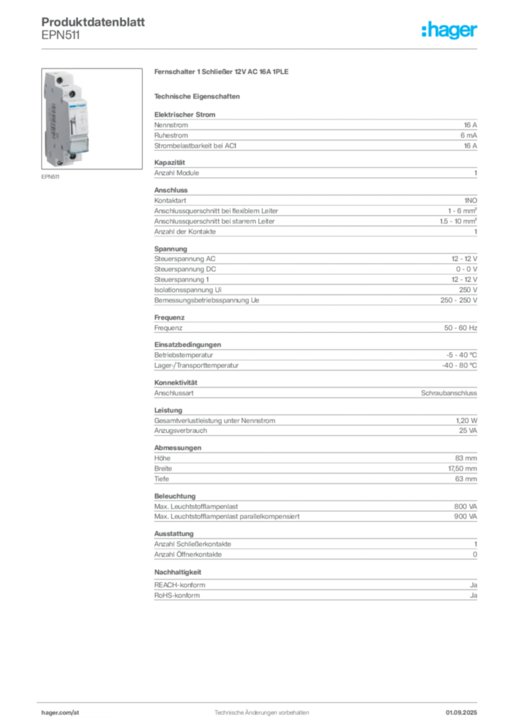 Bild Hager Produktdatenblatt EPN511 | Hager Deutschland