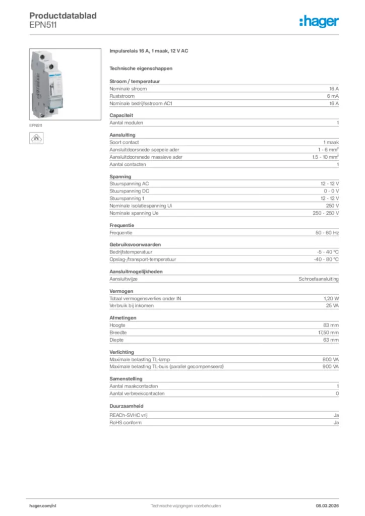 Afbeelding Hager Productdatablad EPN511 | Hager Nederland