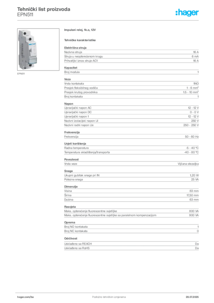 Slika Hager Product data sheet EPN511  | Hager