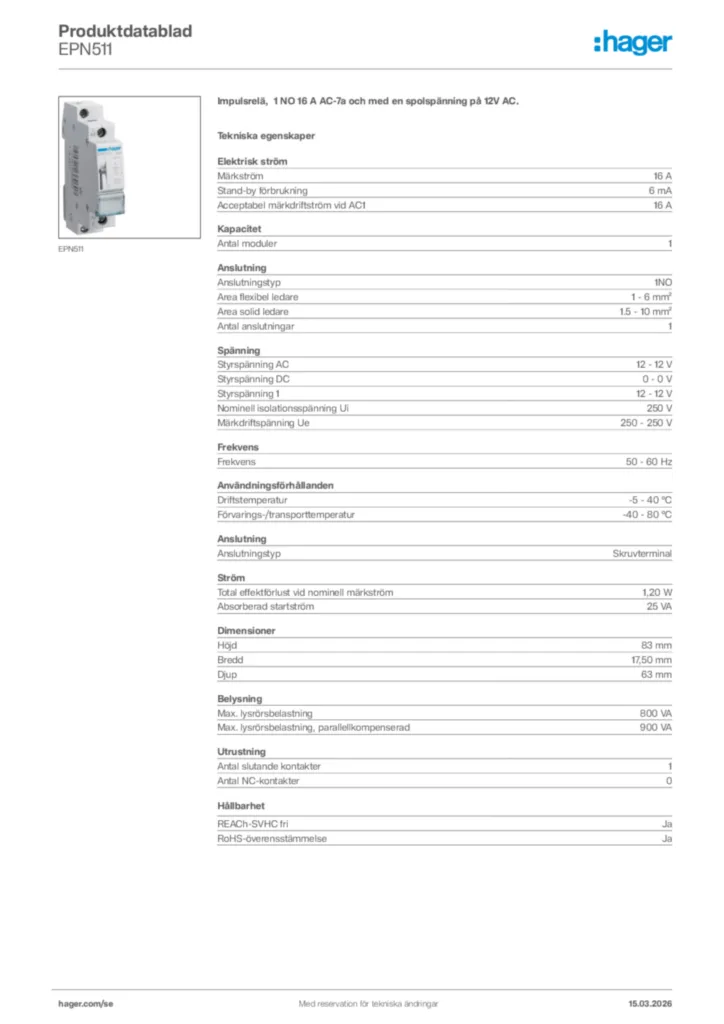 Bild Hager Produktdatablad EPN511 | Hager Sverige