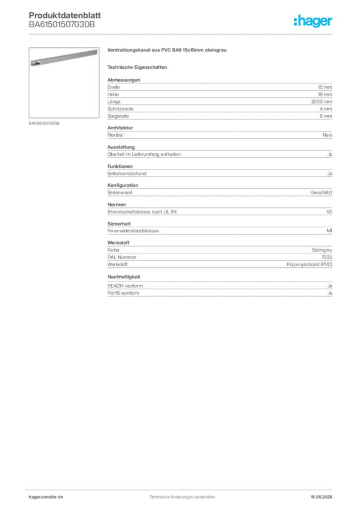 Bild Hager Produktdatenblatt BA61501507030B | Hager Schweiz