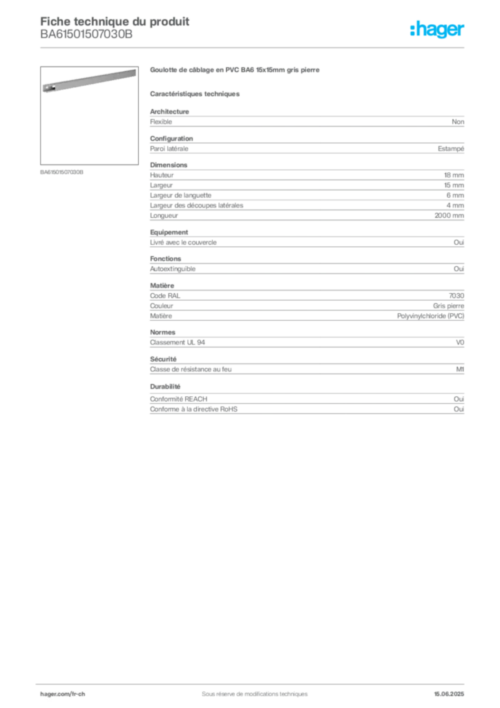 Image Hager Fiche technique du produit BA61501507030B | Hager Suisse