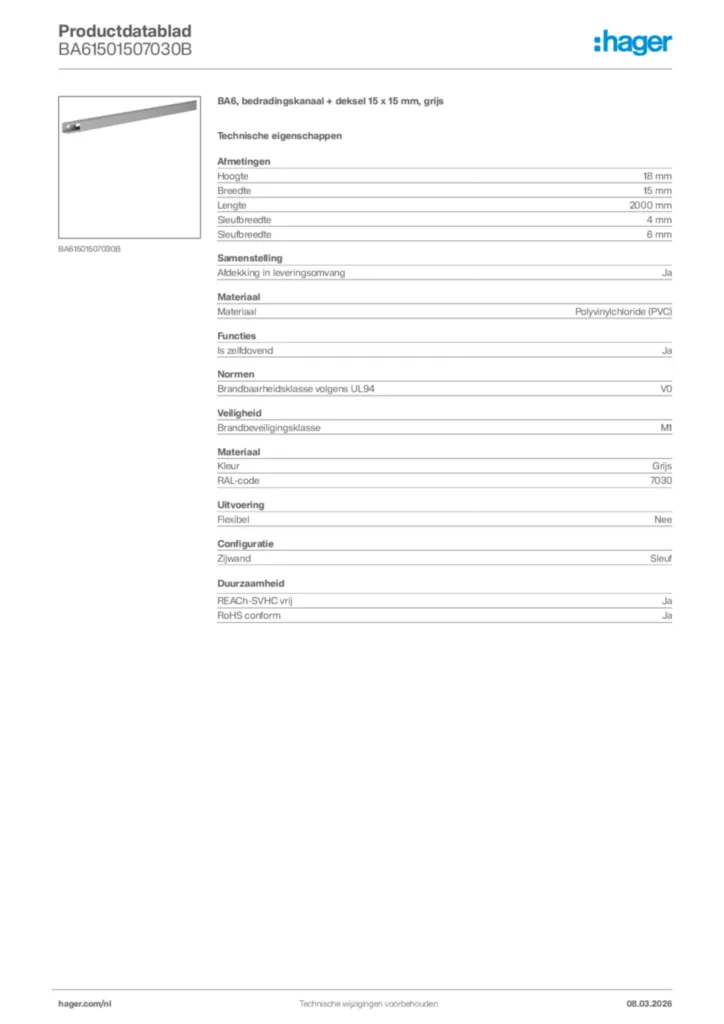 Afbeelding Hager Productdatablad BA61501507030B | Hager Nederland