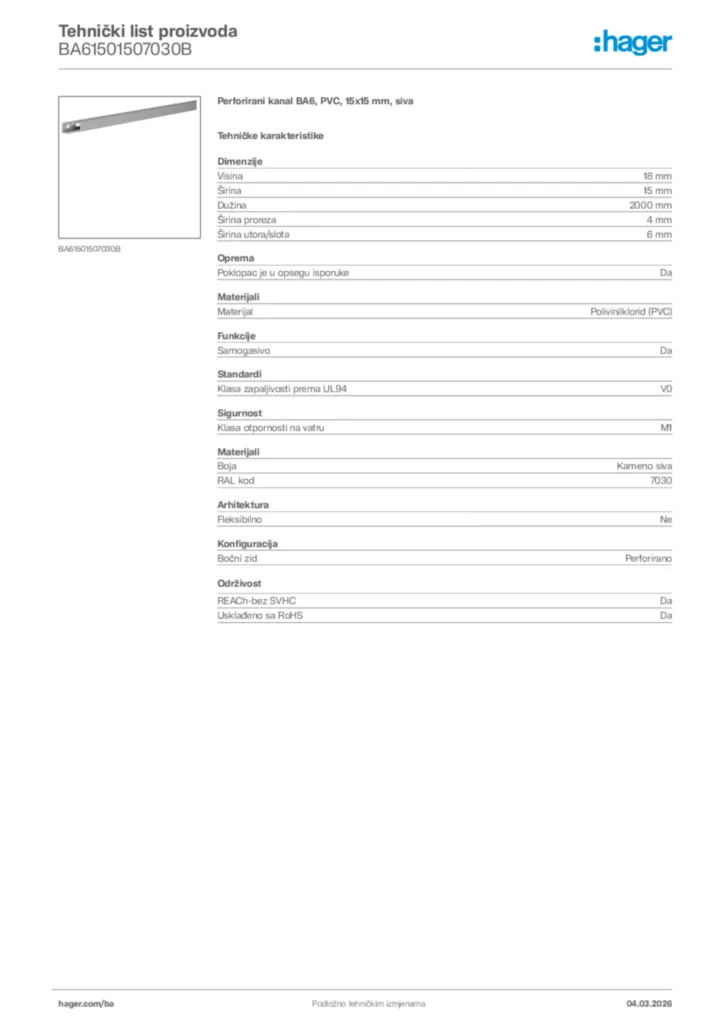 Slika Hager Tehnički list proizvoda BA61501507030B  | Hager