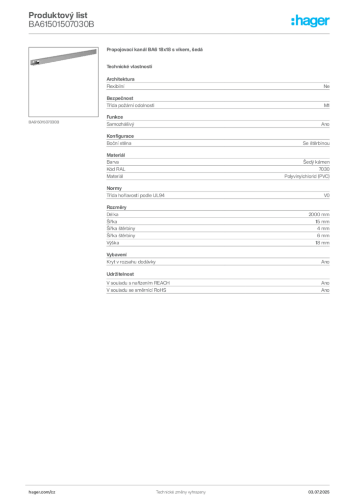 Obrázek Hager Produktový list BA61501507030B | Hager