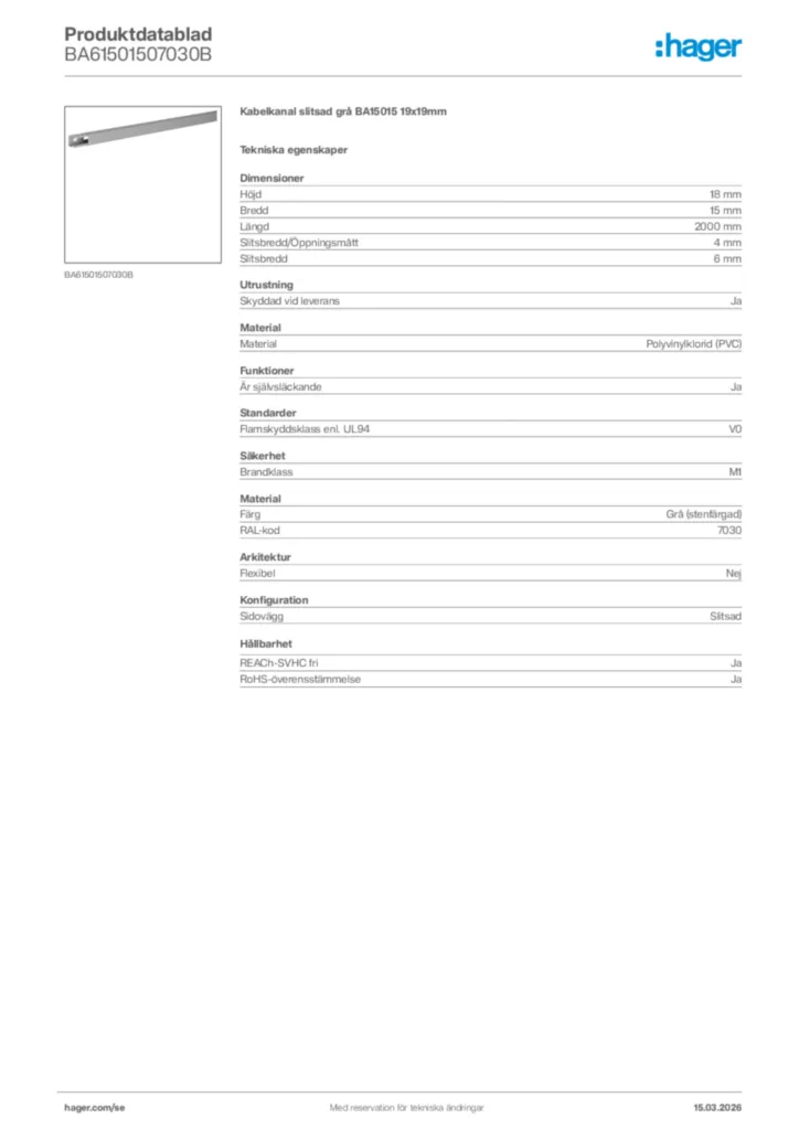 Bild Hager Produktdatablad BA61501507030B | Hager Sverige