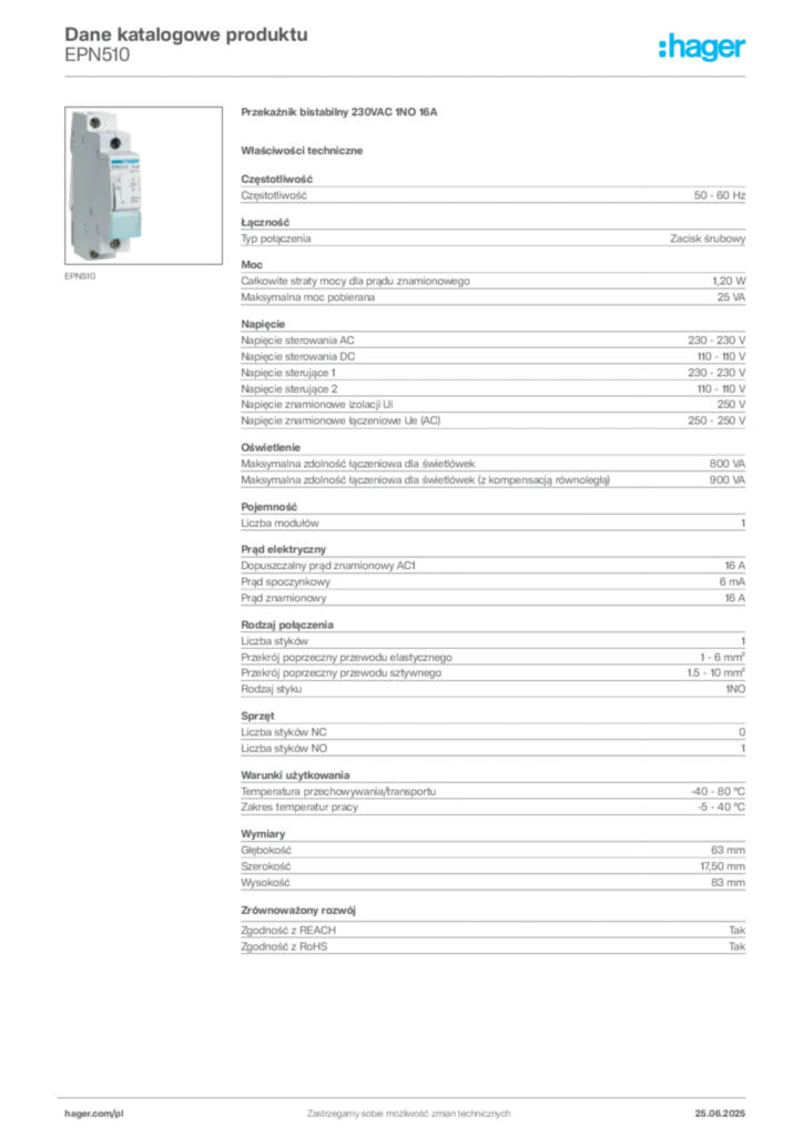 Zdjęcie Hager Karta katalogowa EPN510 | Hager Polska