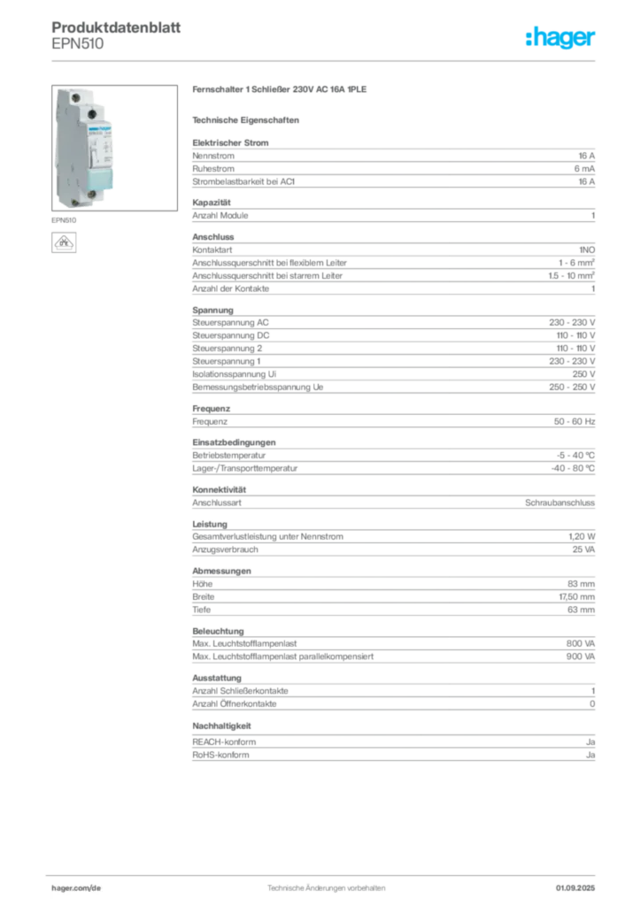 Bild Hager Produktdatenblatt EPN510 | Hager Deutschland