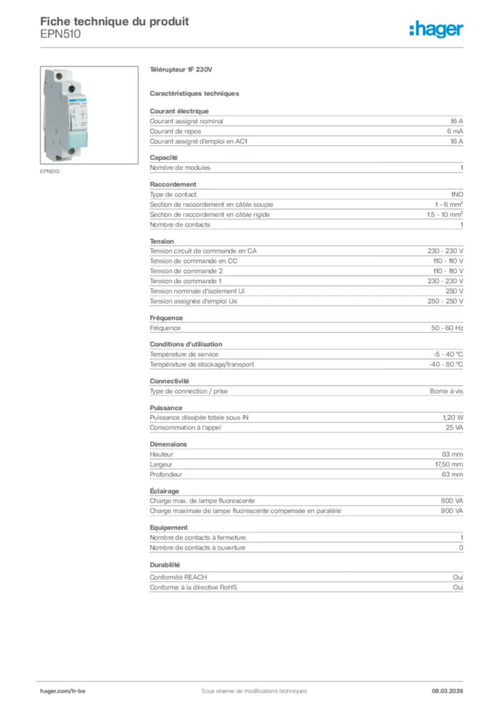 Image Hager Fiche technique du produit EPN510 | Hager Belgique