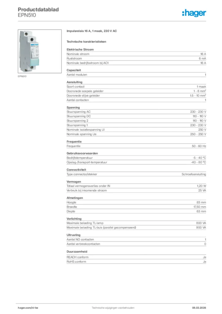 Afbeelding Hager Productdatablad EPN510 | Hager Belgium