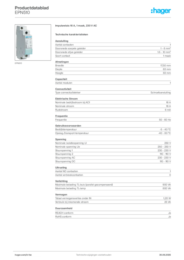 Afbeelding Hager Productdatablad EPN510 | Hager Belgium