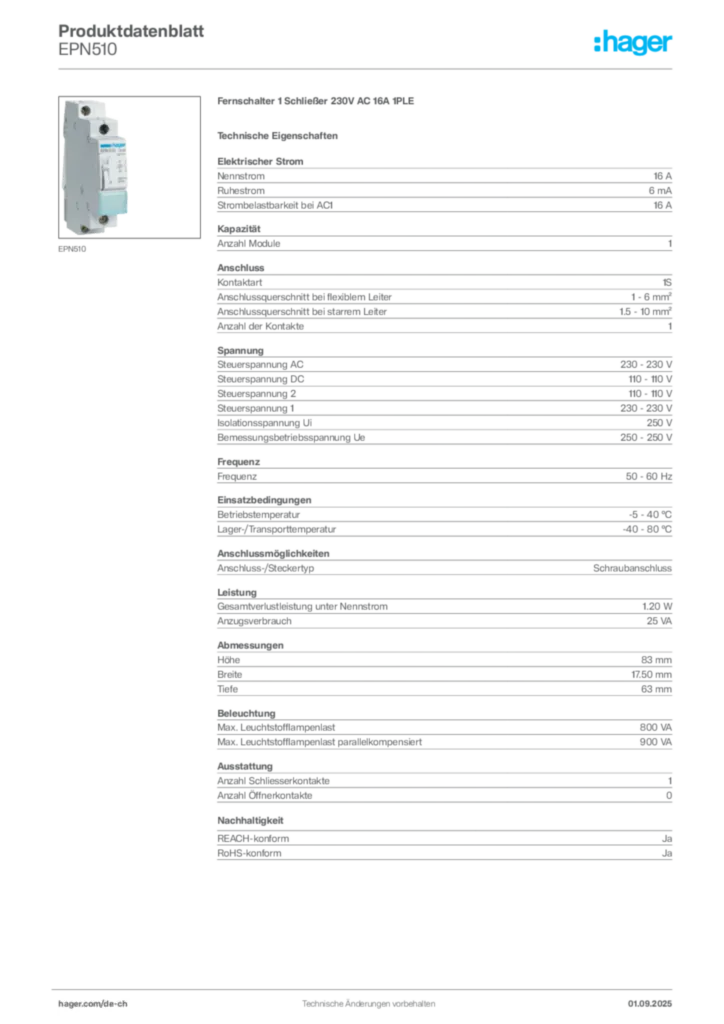 Bild Hager Produktdatenblatt EPN510 | Hager Schweiz