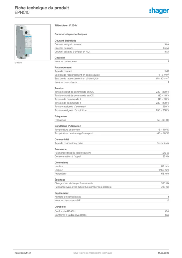 Image Hager Fiche technique du produit EPN510 | Hager Suisse