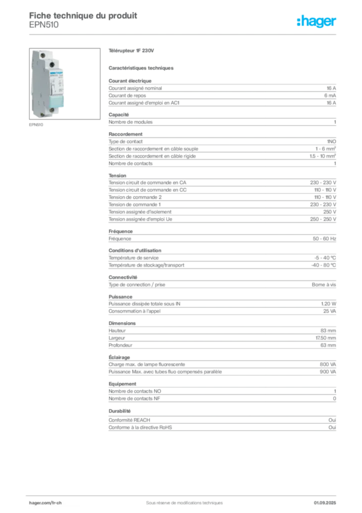 Image Hager Fiche technique du produit EPN510 | Hager Suisse