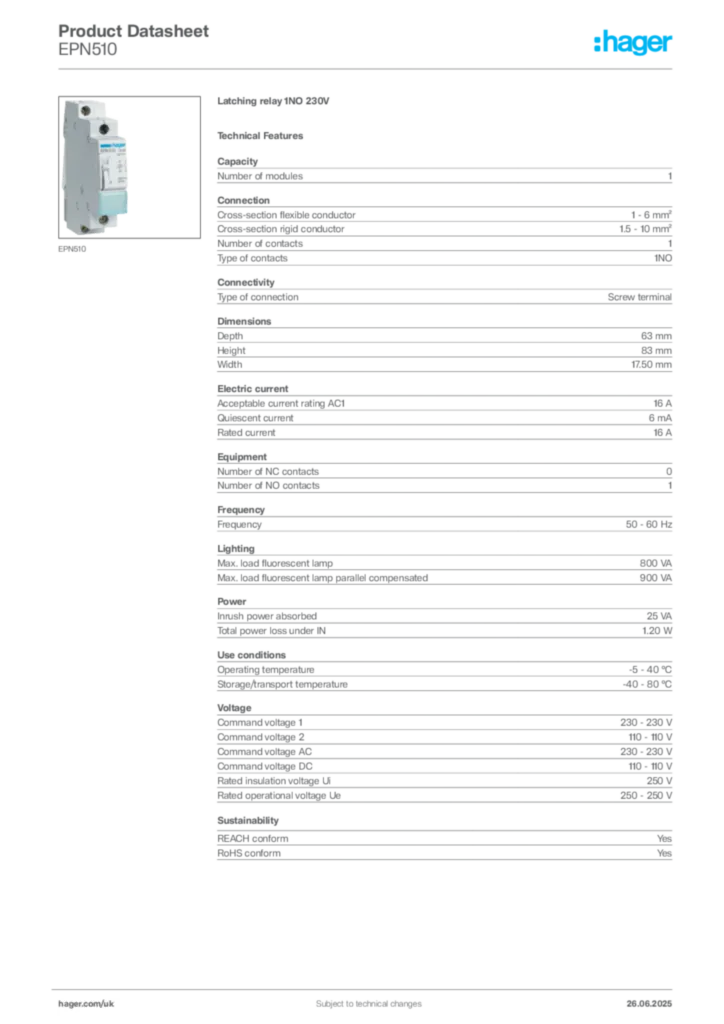 Image Hager Product data sheet EPN510  | Hager
