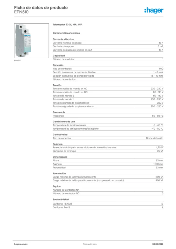 Imagen Hager Ficha de datos de producto EPN510 | Hager España