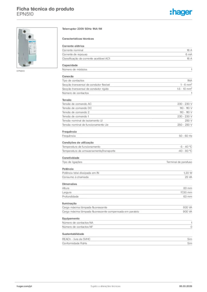 Imagem Hager Ficha técnica do produto EPN510 | Hager Portugal