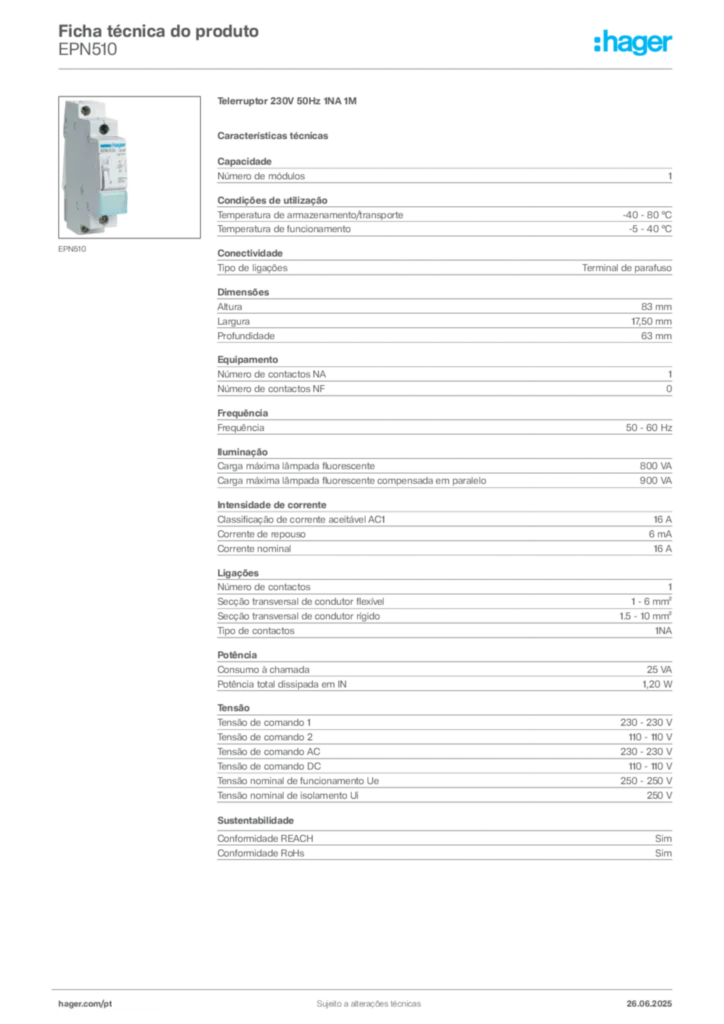 Imagem Hager Ficha técnica do produto EPN510 | Hager Portugal