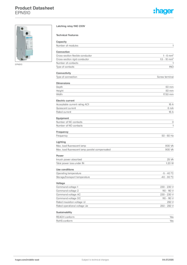 Image Hager Product data sheet EPN510  | Hager