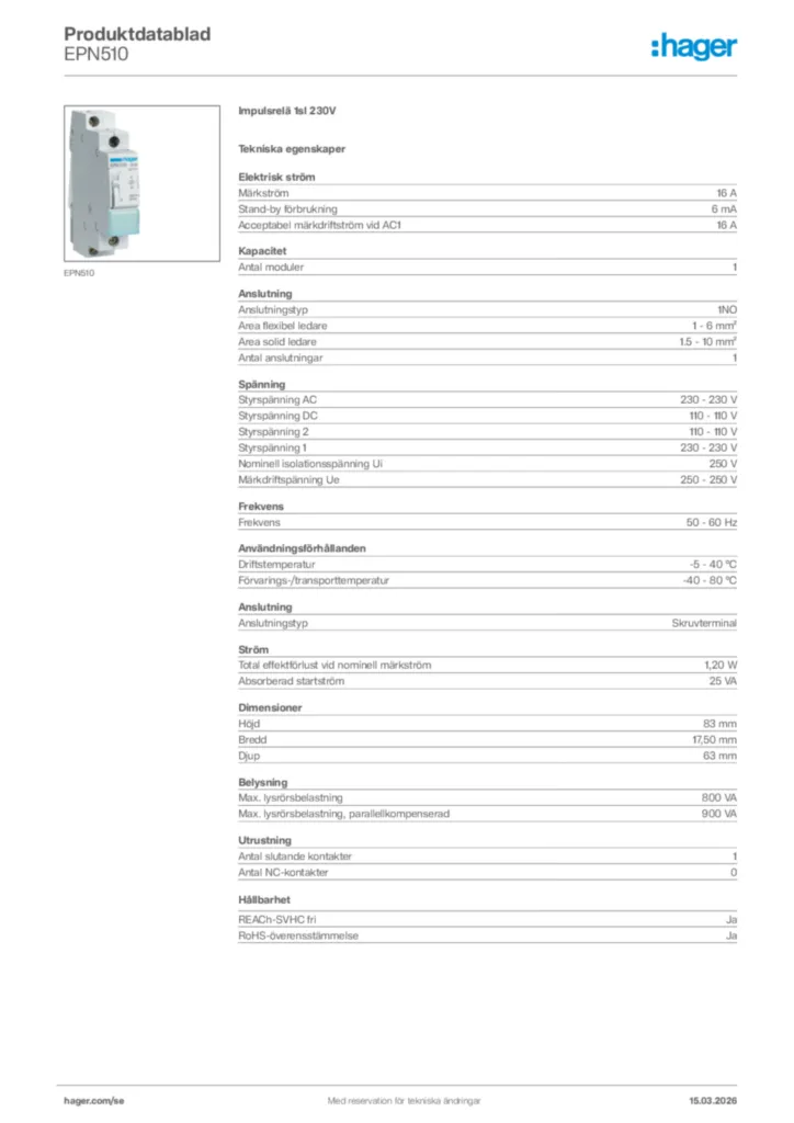 Bild Hager Produktdatablad EPN510 | Hager Sverige