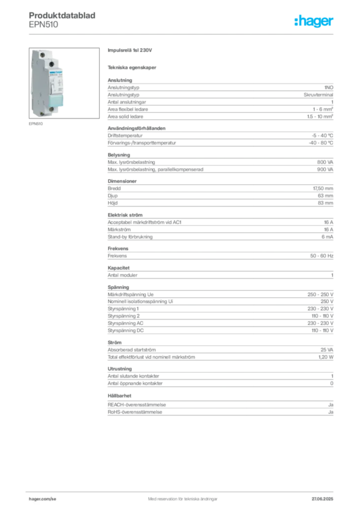 Bild Hager Produktdatablad EPN510 | Hager Sverige
