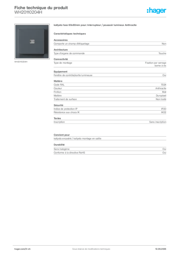 Image Hager Fiche technique du produit WH20110204H | Hager Suisse