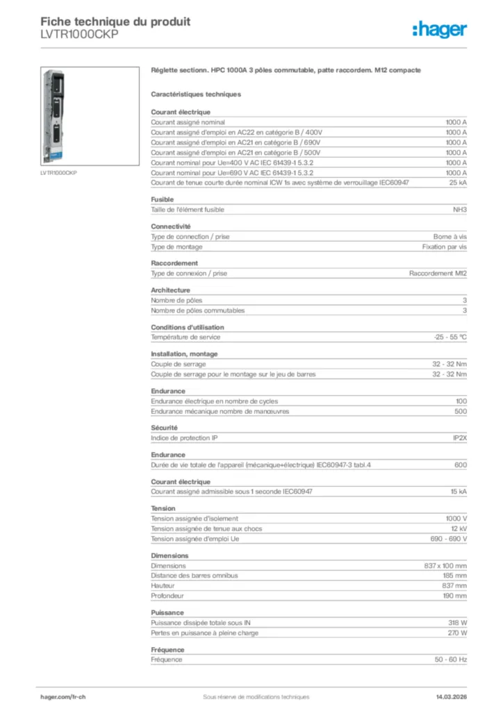 Image Hager Fiche technique du produit LVTR1000CKP | Hager Suisse