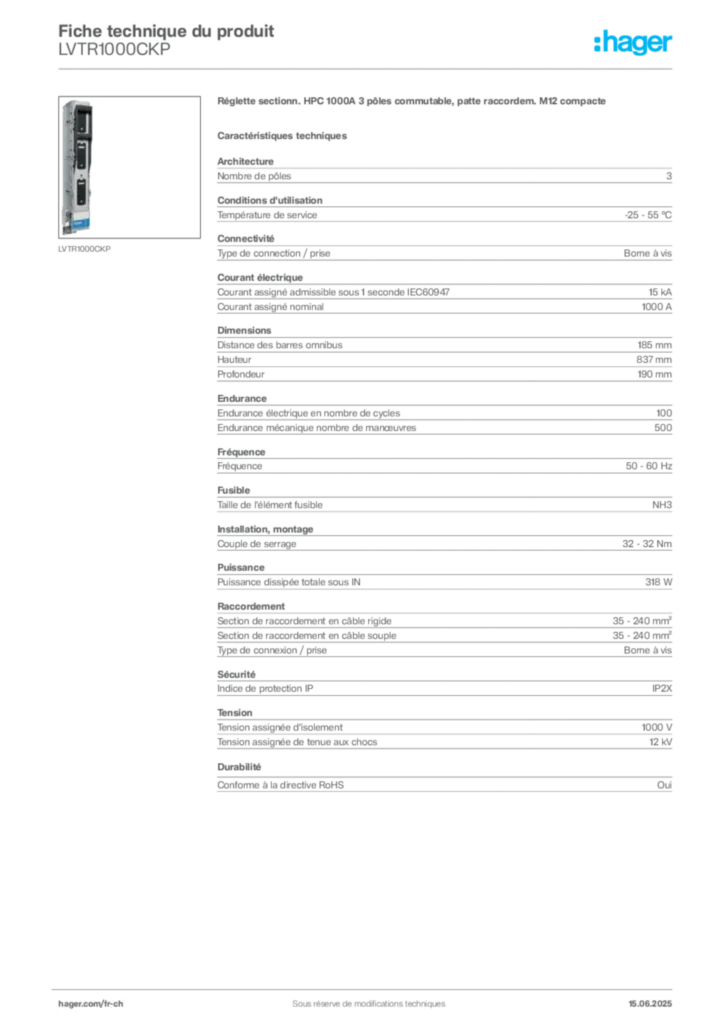 Image Hager Fiche technique du produit LVTR1000CKP | Hager Suisse