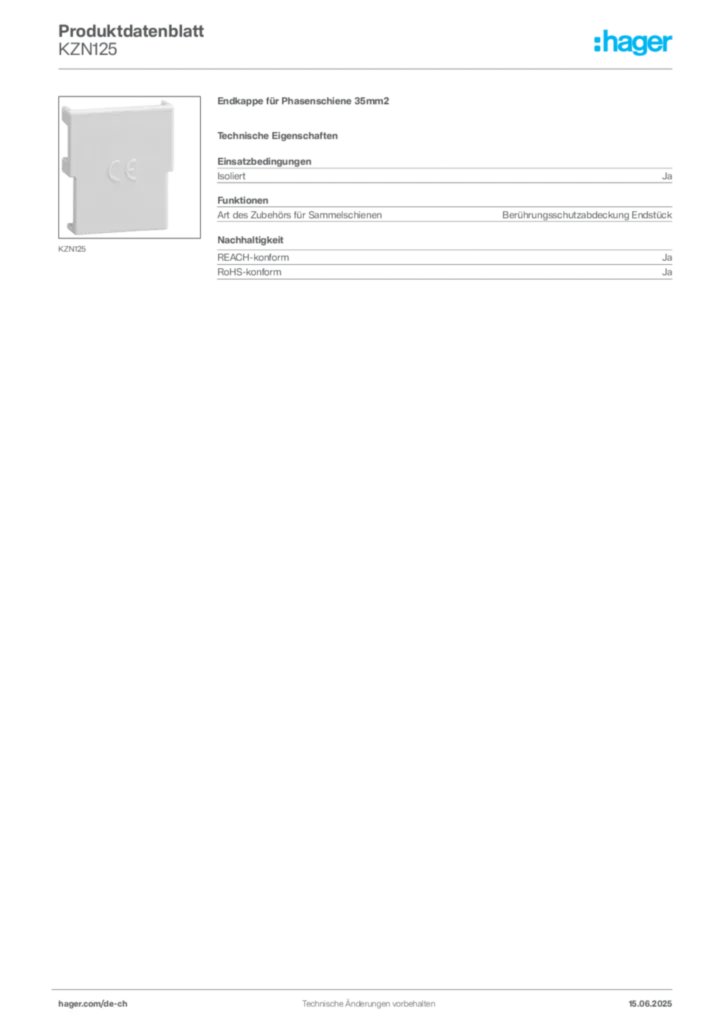 Bild Hager Produktdatenblatt KZN125 | Hager Schweiz