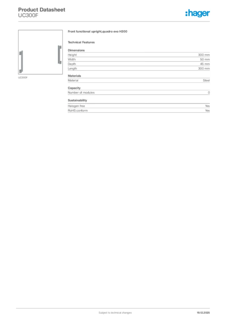 Image Hager Product data sheet UC300F  | Hager Africa