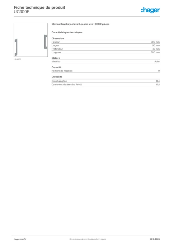 Image Hager Fiche technique du produit UC300F | Hager France