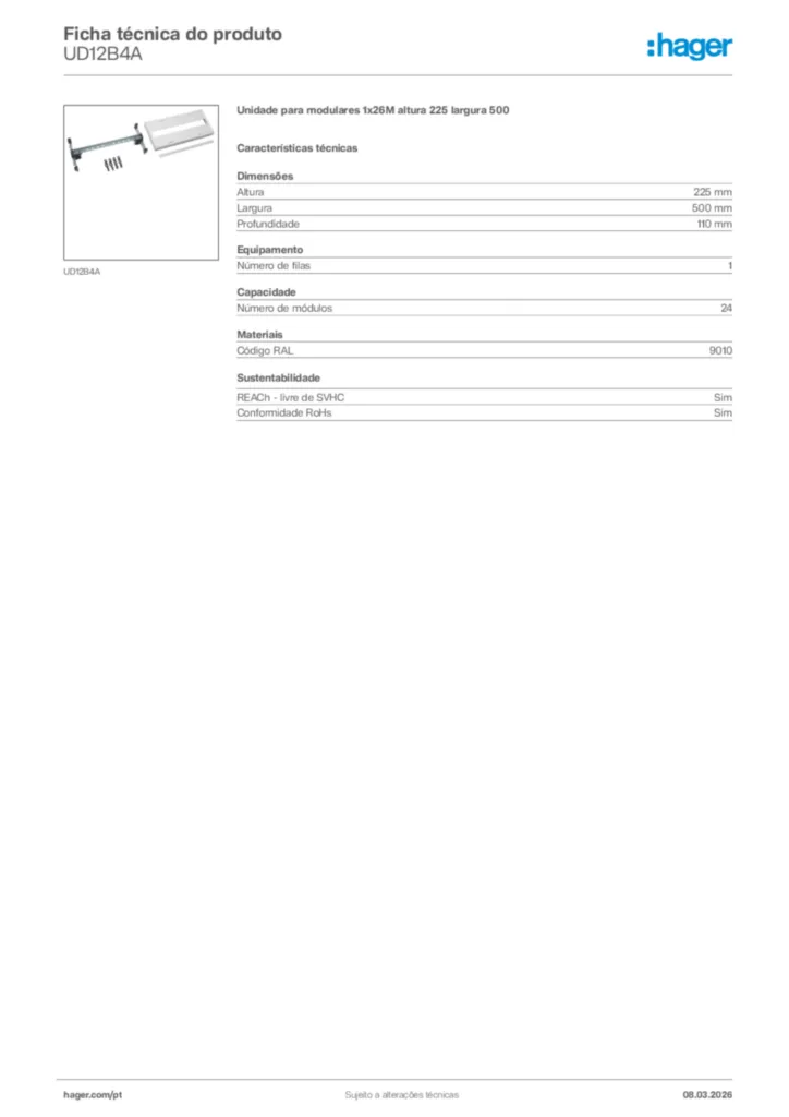 Imagem Hager Ficha técnica do produto UD12B4A | Hager Portugal