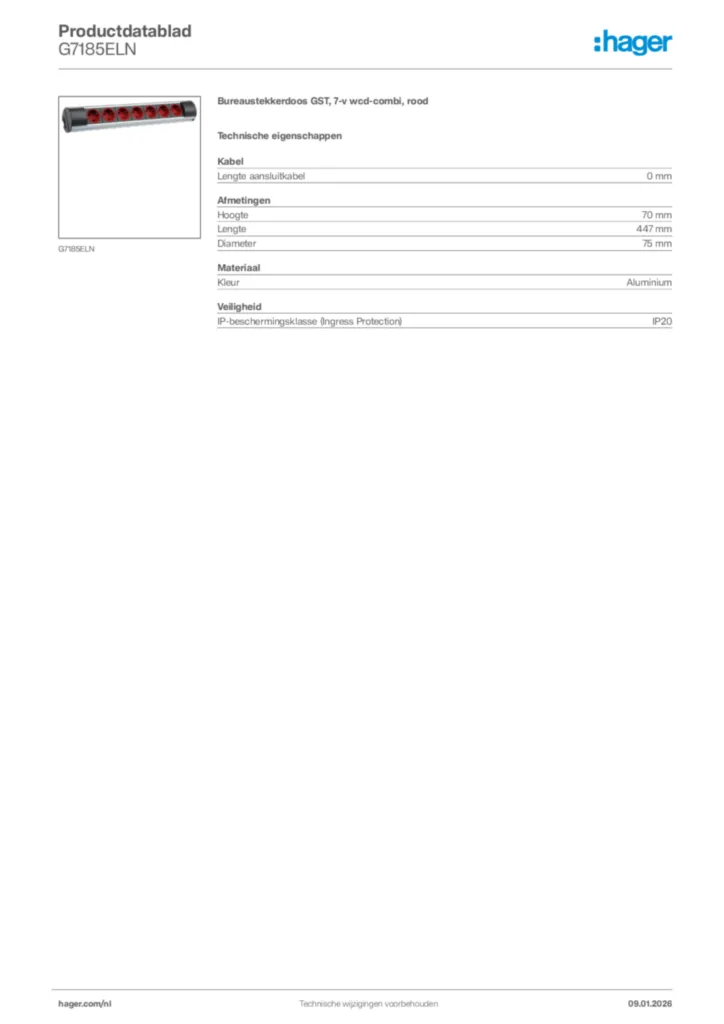 Afbeelding Hager Productdatablad G7185ELN | Hager Nederland