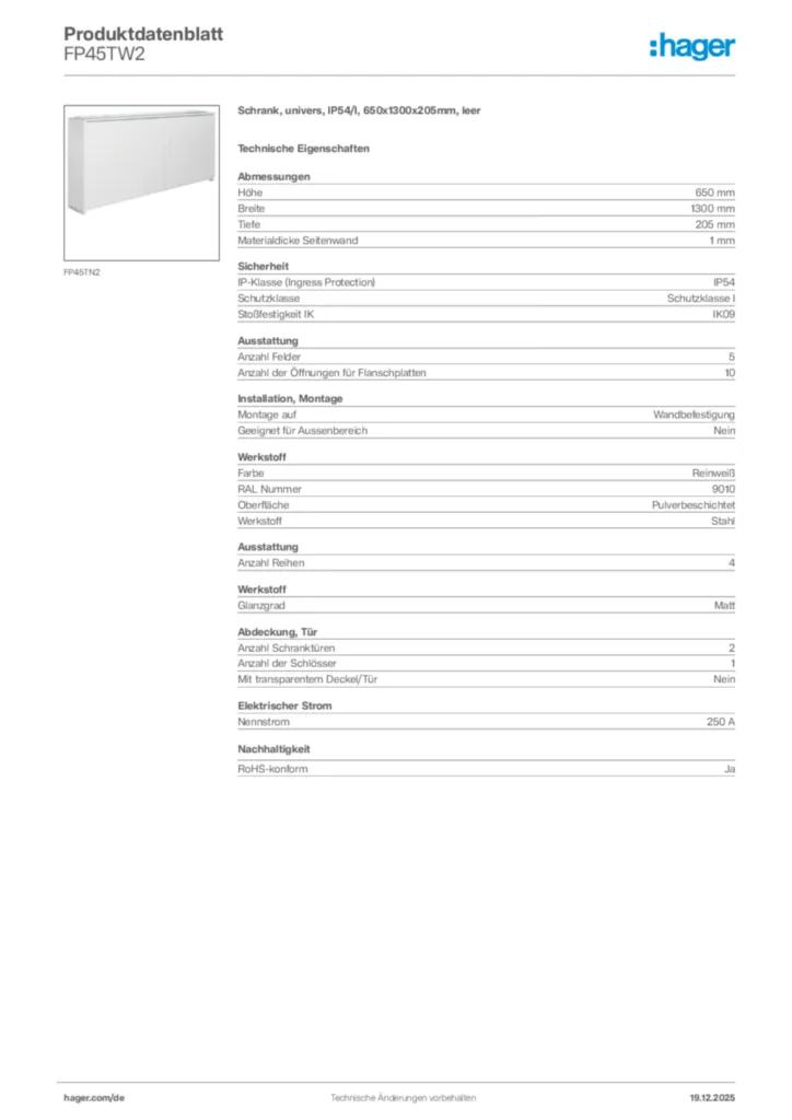 Bild Hager Produktdatenblatt FP45TW2 | Hager Deutschland