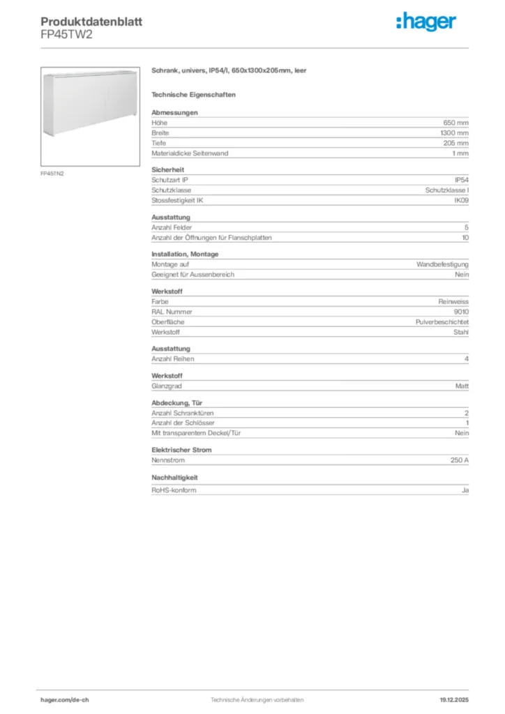 Bild Hager Produktdatenblatt FP45TW2 | Hager Schweiz