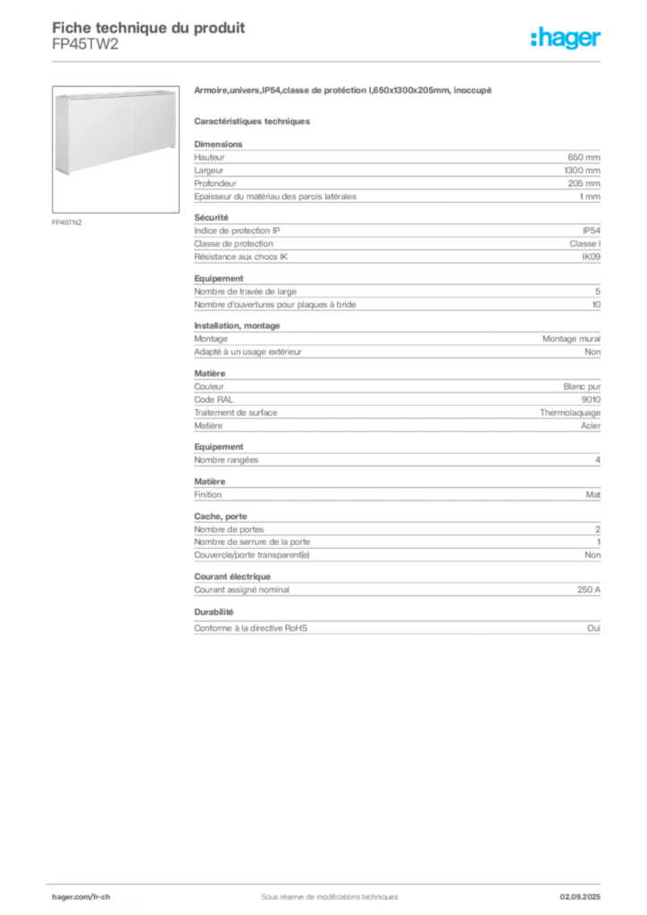 Image Hager Fiche technique du produit FP45TW2 | Hager Suisse