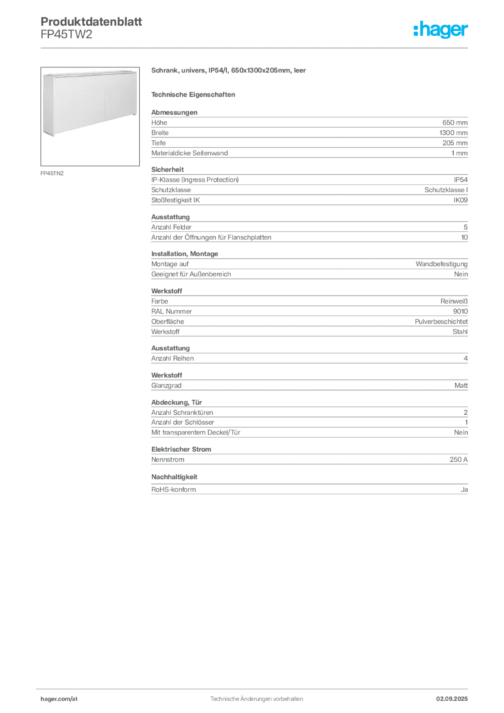 Bild Hager Produktdatenblatt FP45TW2 | Hager Deutschland