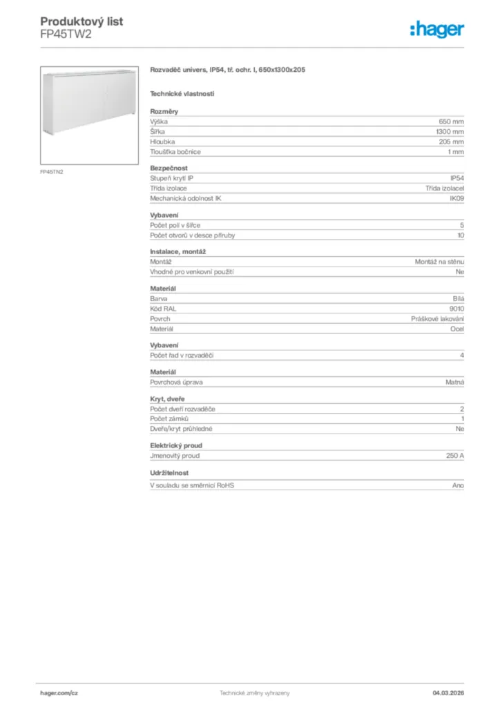 Obrázek Hager Product data sheet FP45TW2 | Hager