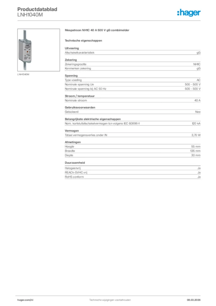 Afbeelding Hager Productdatablad LNH1040M | Hager Nederland