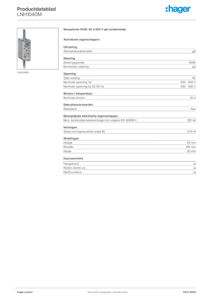 Afbeelding Hager Productdatablad LNH1040M | Hager Nederland
