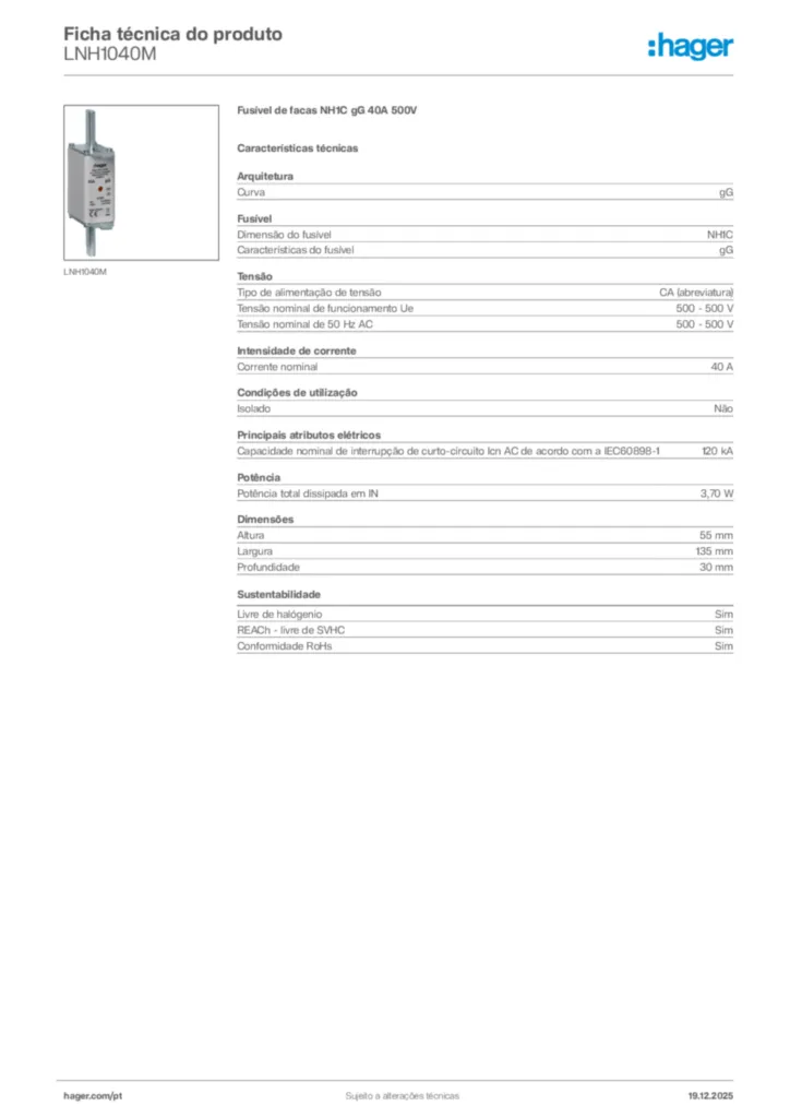 Imagem Hager Ficha técnica do produto LNH1040M | Hager Portugal