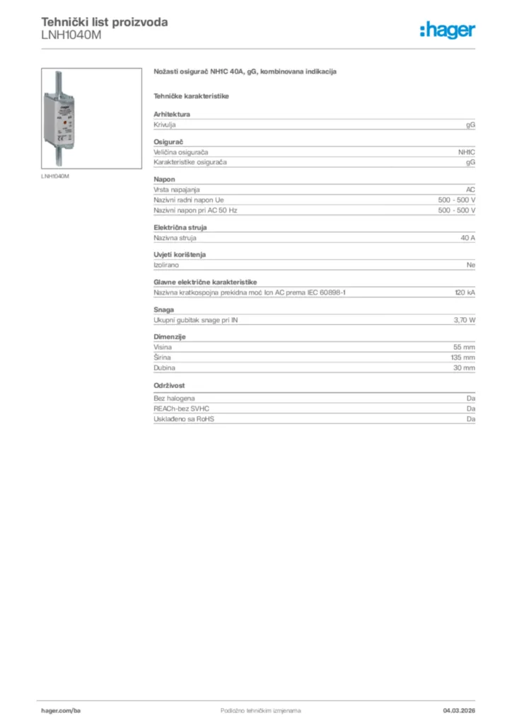 Slika Hager Tehnički list proizvoda LNH1040M  | Hager