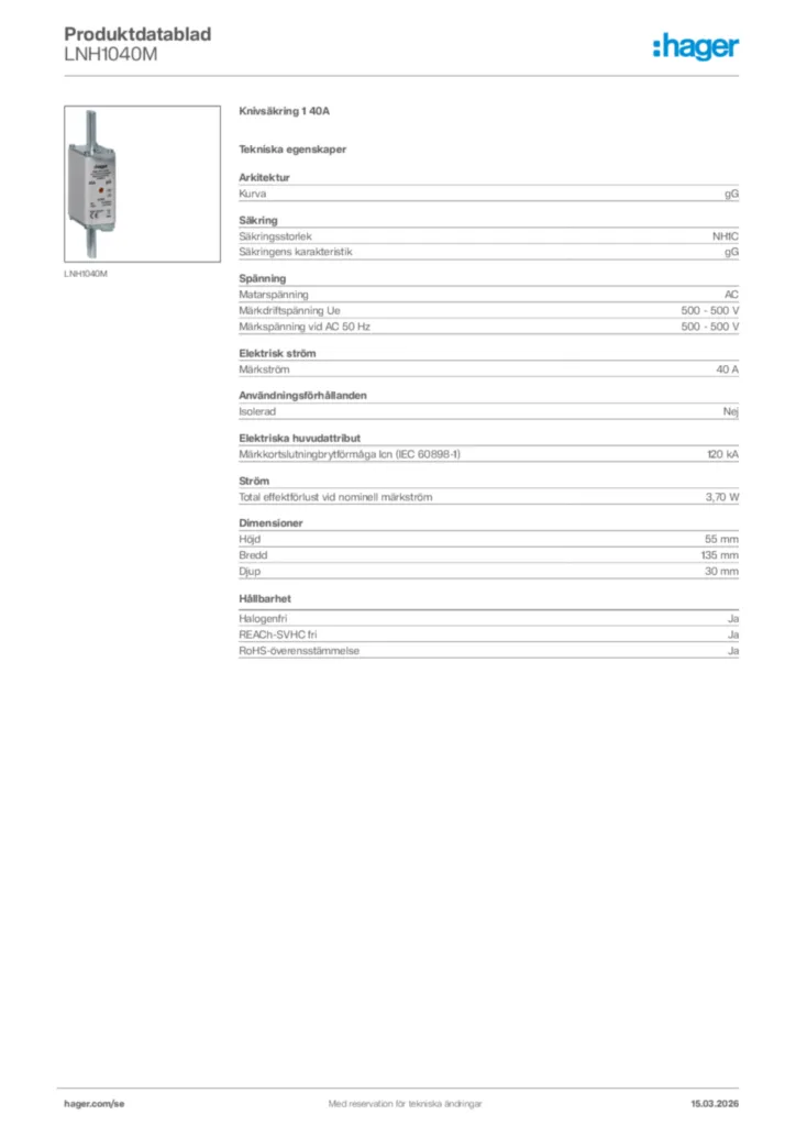 Bild Hager Produktdatablad LNH1040M | Hager Sverige