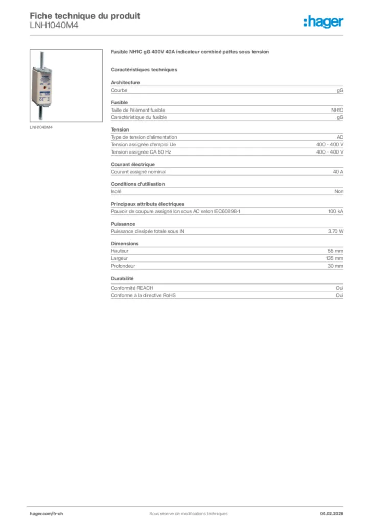 Image Hager Fiche technique du produit LNH1040M4 | Hager Suisse