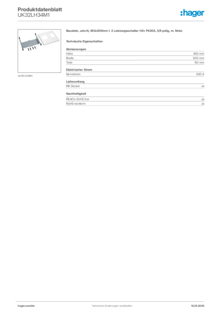 Bild Hager Produktdatenblatt UK32LH34M1 | Hager Deutschland